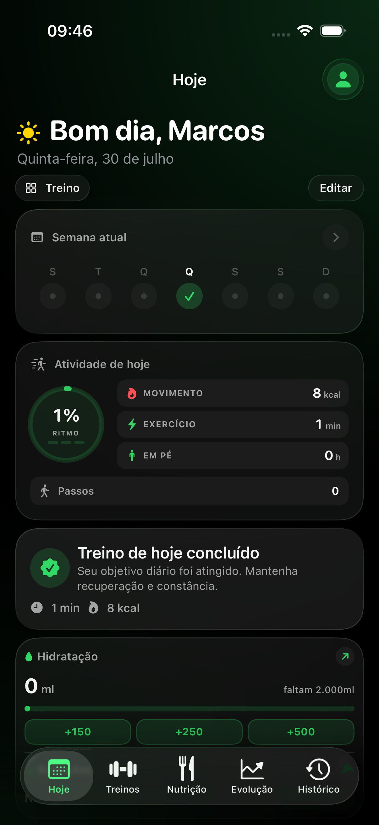 Tela Hoje — Resumo do dia, atividade e treino sugerido